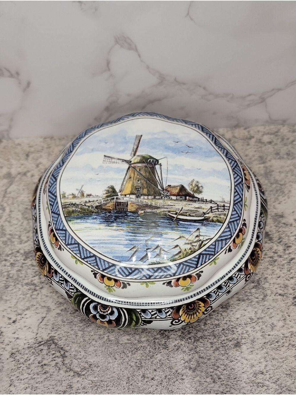 Delfts colorful windmill covered trinket box Holland